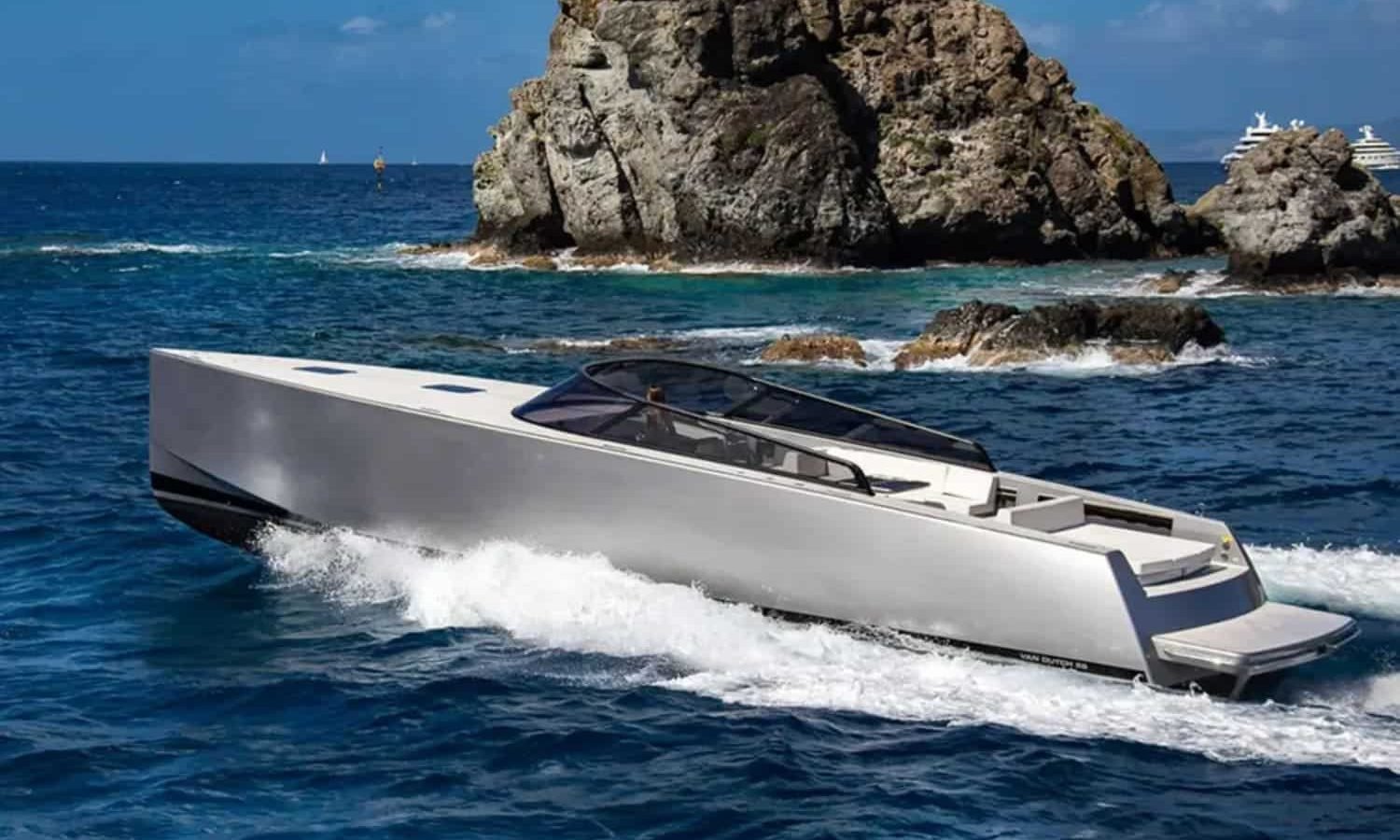 Front view of the 55' VanDutch yacht, showcasing its sleek design and elegance.